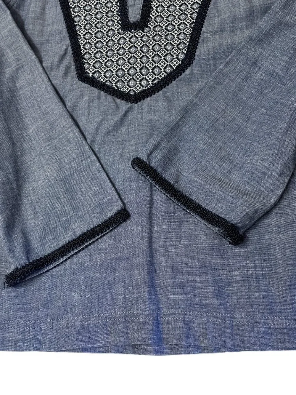 Tory Burch Tunic Blouse Top Sz 8 Med Embroidered Blue Chambray Geometric Cotton